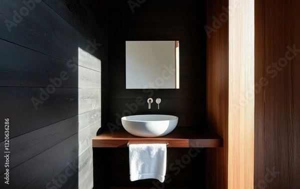 Fototapeta Modern minimalist bathroom interior with a white vessel sink, dark wood vanity, and a square mirror. Sunlight streams into the space, illuminating the clean lines and textures. The overall atmosphere