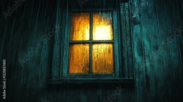 Fototapeta A closed window in a dimly lit room, with rain streaking down the glass, creating a melancholic atmosphere