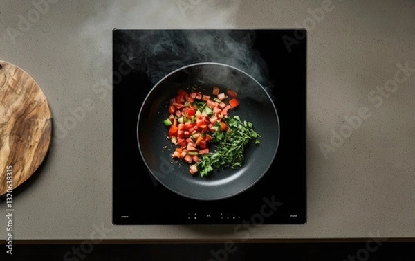 Fototapeta Overhead shot of chopped vegetables cooking in a dark pan on a modern induction cooktop. Steam rises from the pan, indicating the food is cooking.  A wooden cutting board is partially visible in the