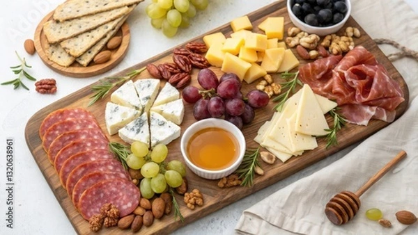 Fototapeta Charcuterie Board: A large wooden board is filled with an assortment of cured meats, cheeses, and accompaniments.