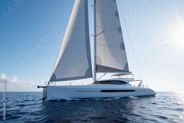 Fototapeta A White Catamaran Sailing Smoothly Across a Clear Blue Ocean Under a Bright Sky with Fluffy Clouds, Captured During a Calm and Sunny Day