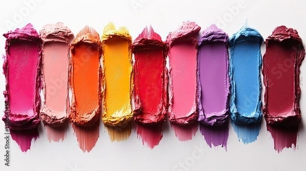 Fototapeta Colorful lipstick smears create a vibrant, textured composition of various shades and finishes on a white background, ideal for beauty and cosmetic concepts.
