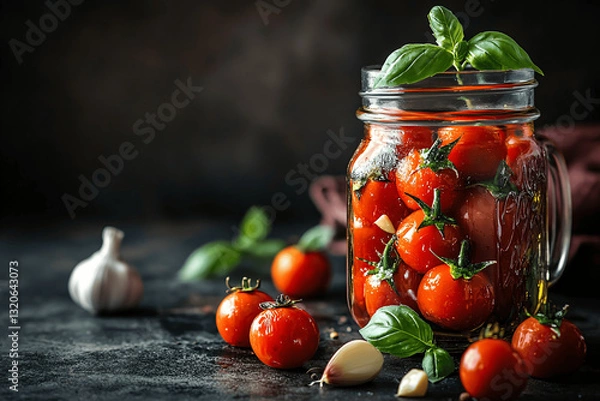 Fototapeta Rustic Glass Jar Filled with Fresh Cherry Tomatoes and Herbs in Soft Natural Light