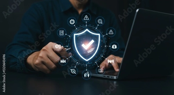 Fototapeta A person with magnifying glass over a shield icon, tech icons.