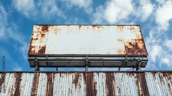 Obraz A billboard mounted on an old industrial warehouse with rusted metal walls