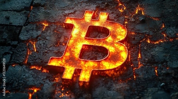 Fototapeta Embedded in a grunge concrete wall, the glowing bitcoin symbol represents cryptocurrency investment's volatile and uncertain nature, and market challenges.