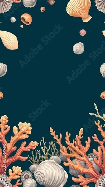 Fototapeta Serene sea scene featuring beautiful shells and colorful corals creating a tranquil coastal vibe
