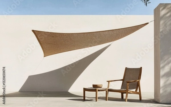 Obraz Outdoor patio scene with a patterned shade sail providing shade over a light brown wooden chair and ottoman against a white wall. Bright sunlight casts shadows