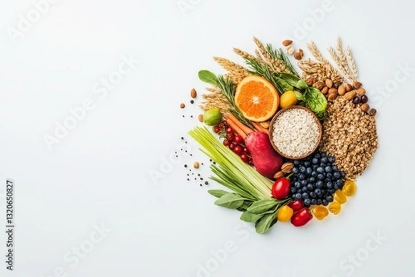 Obraz Assorted healthy organic food ingredients including grains vegetables fruits and nuts arranged in a circular pattern for balanced nutrition