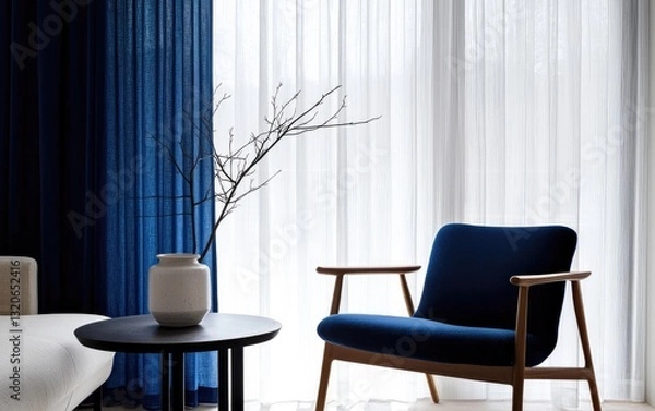 Fototapeta Blue velvet armchair near sheer curtains and a small round table with a vase of branches.  Soft natural light illuminates the scene, creating a calm and serene atmosphere