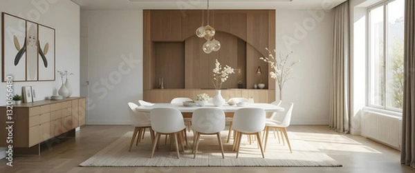 Fototapeta Minimalist dining room design bright modern home interior decor open space wide-angle aesthetic appeal