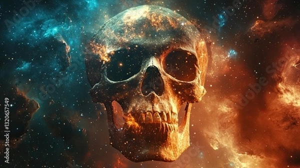 Fototapeta Skull adorned with celestial patterns, set against a cosmic starry background, symbolizing mysticism.