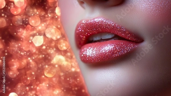 Fototapeta Full, plump lips, accentuated by glistening pink lip gloss and subtle glitter, reveal effective lip augmentation enhancing natural beauty.