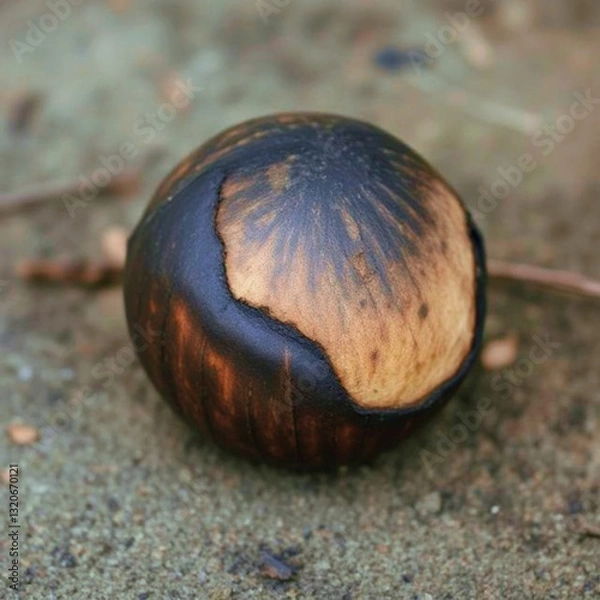Fototapeta snail on a wooden background,Charred Chestnut,Burned Chestnut,Scorched Chestnut,Embers of Autumn