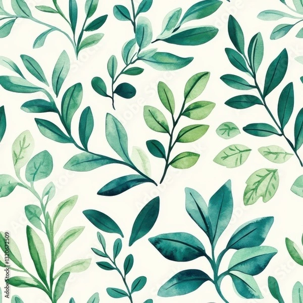 Fototapeta Whimsical watercolor doodles of various green leaves and foliage arranged in a playful pattern