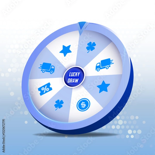 Obraz Vector illustration spinning fortune wheel blue with freeship, coin, star, voucher, lucky clover, Luckydraw on blue background.