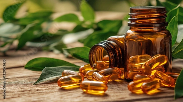 Obraz Natural food supplements in capsules on wooden background,  surrounded by green leaves. Vitamins.  Health concept. 
