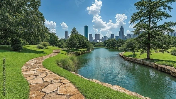Fototapeta Hermann Park stretches beneath Houston's skyline, with blue sky and clouds.