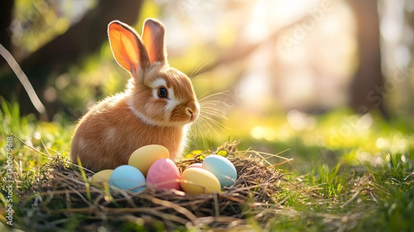 Fototapeta A fluffy brown rabbit nibbling on grass near an Easter nest filled with colorful eggs, with sunlight streaming through the trees.A fluffy brown rabbit nibbling on grass near an Easter nest filled with