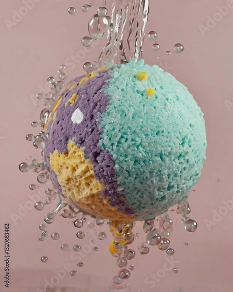 Obraz Bath foam. Bath bomb dissolving in water, close-up. Bubbles from a bath bomb.