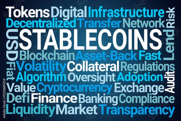 Obraz Stablecoins Word Cloud on Blue Background