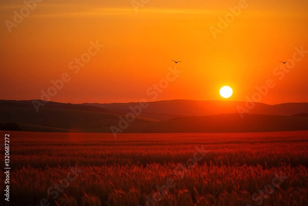 Obraz Sunset over a golden wheat field stock-image, with soft, warm light casting long shadows across rolling hills, and a few birds soaring through the sky, creating a peaceful and serene rural landscape.