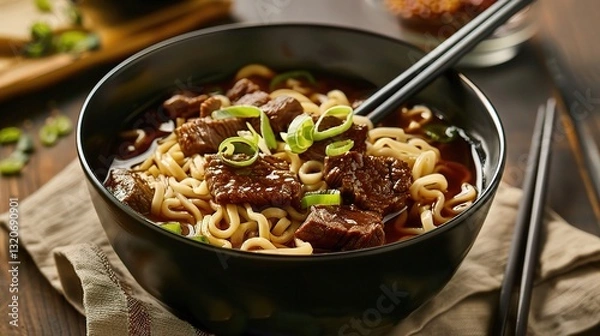 Fototapeta A plate of appetizing noodles with soy bean paste is presented. The noodles are long and chewy, topped generously with a rich and savory soy bean paste sauce. Mixed within the sauce are small pieces o