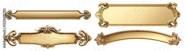 Fototapeta Set of golden nameplates with vintage designs, isolated on transparent cutout background