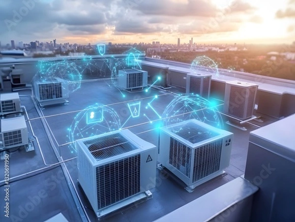 Obraz Rooftop HVAC Units with Smart Sensors and Cloud-Based Monitoring for Sustainable Energy Efficiency