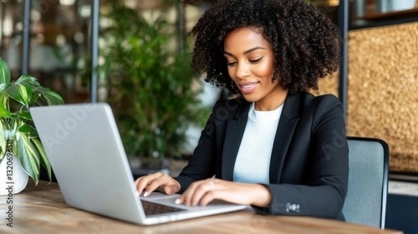 Fototapeta A woman is sitting at a desk with a laptop in front of her