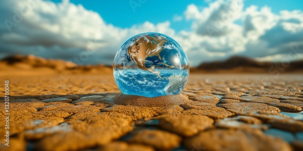 Obraz conceptual image of globe on dry cracked landscape. Parched planet earth in the dry landscape with cracked soil at sunset. Global warming or change climate concept. Environmental problems.