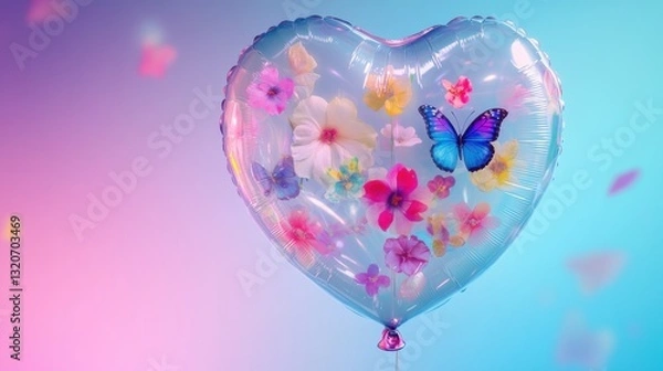 Obraz A translucent heart-shaped balloon filled with colorful flowers and butterflies against a pastel background