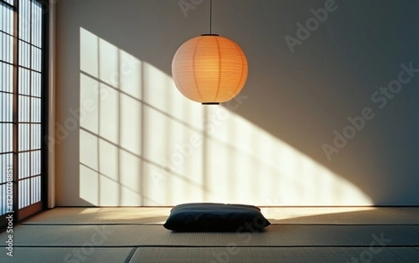 Obraz Sunlight streams into a minimalist room, illuminating a large round paper lantern hanging from the ceiling. A dark gray zabuton cushion rests on a tatami mat floor, creating a serene and peaceful