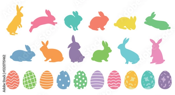 Fototapeta Big set with colorful rabbits in different poses and Easter eggs. Elements for Easter designs. Bright silhouettes of bunnies