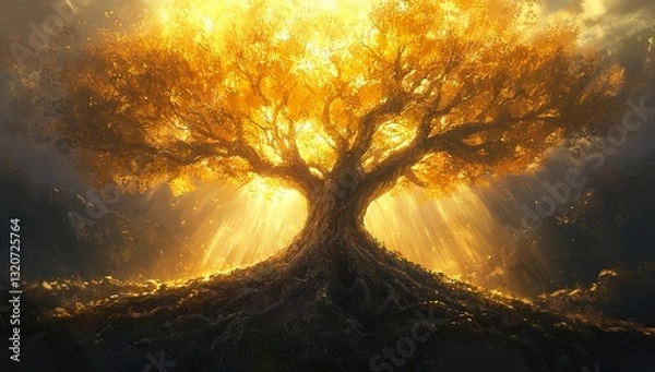 Fototapeta Majestic Tree with Expansive Roots Symbolizing Nature's Strength and Depth of Life Connection, Sunlight Filtering Through Leaves Creating Enchanting Atmosphere