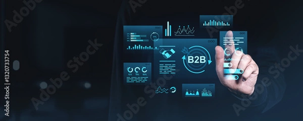 Fototapeta Digital B2B business technology concept with futuristic data analytics interface.