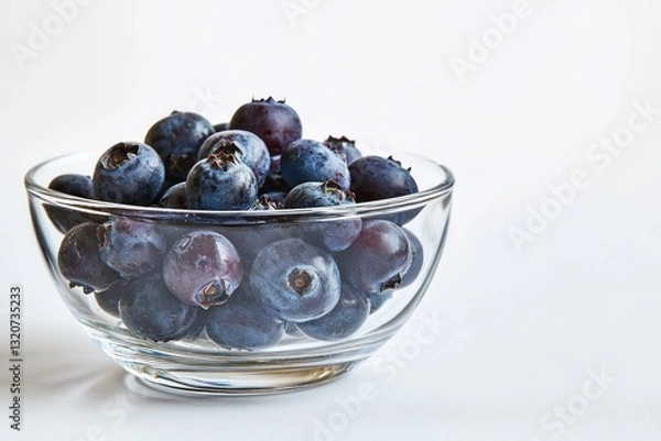 Fototapeta Elegant glass bowl filled with fresh blueberries against clean white background in captivating eye level view