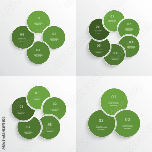 Fototapeta Set of green round infographic templates with 3, 4, 5 and 6 options, parts or processes.
