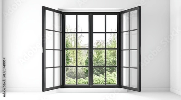 Fototapeta Open Window View on Greenery Outside in White Room with Black Frames Modern Residential Design