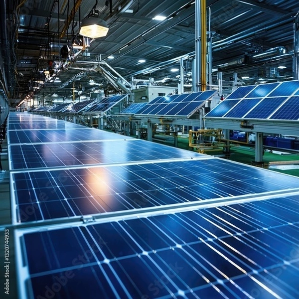 Fototapeta Automated solar panel manufacturing plant with conveyor belts assembling photovoltaic cells. Renewable energy production industry. Generative AI.