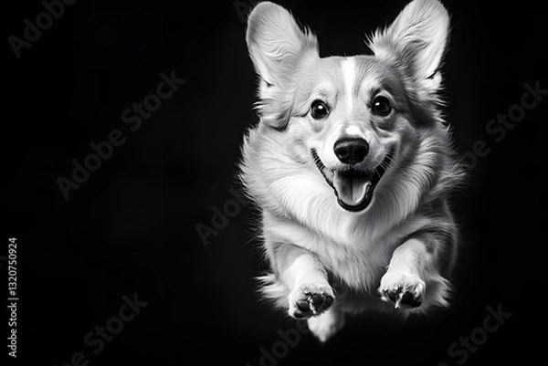 Obraz Joyful Corgi in Motion - Black and White Portrait