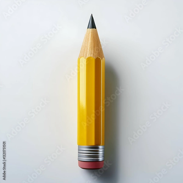 Fototapeta A Giant Yellow Pencil Stands Ready, Poised For A Grand Story To Be Written, Against A Simple White Background