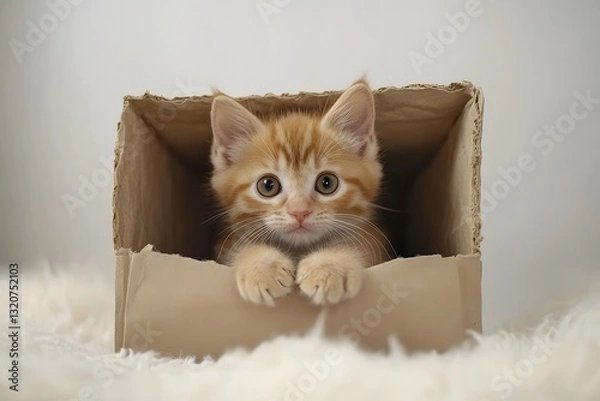 Obraz Curious Ginger Kitten Peeking Out from a Cardboard Box