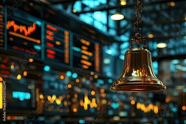 Fototapeta Gold bell hanging in a bustling trading floor with stock market data displays