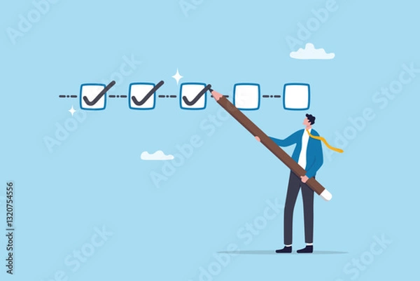 Fototapeta Project tracking, finishing or development completion progress, project timeline or task workflow, productivity or efficiency concept, businessman project manager tick project checklist progress.