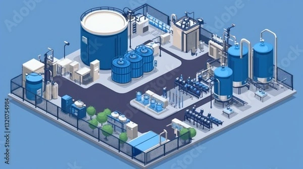 Obraz Isometric view of a water treatment plant with various tanks, pipes, and filtration systems