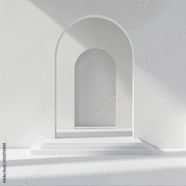 Fototapeta Minimalist Architecture a Serene White Archway and Steps Bathed in Soft Light a Tranquil Interior