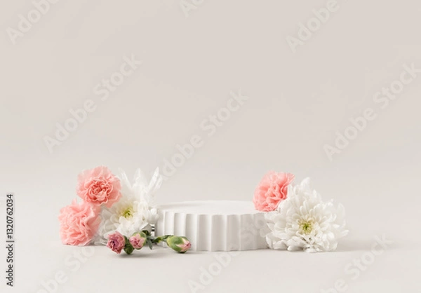 Obraz Beauty Cosmetics Product Presentation Podium made with White Column and Natural Flowers on White Background. Studio Photography.