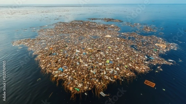Fototapeta An aerial view reveals a vast plastic garbage patch in the ocean, featuring numerous plastic bottles and bags adrift on the surface