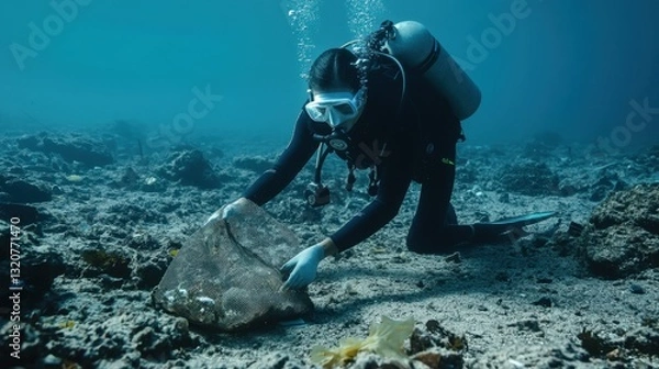 Fototapeta A diver collects plastic waste from the seabed using a mesh bag, contributing to ocean conservation and marine sustainability